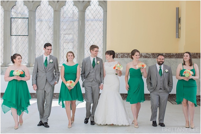 Wedding party photos, green bridesmaid dresses