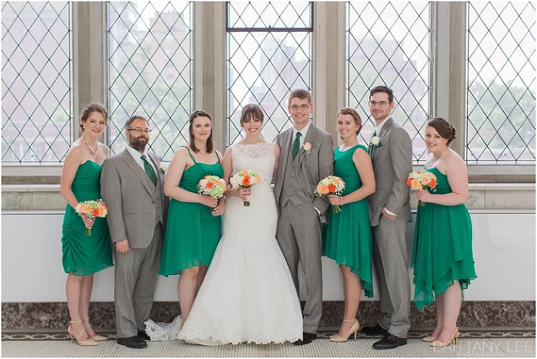 Wedding party photos, green bridesmaid dresses
