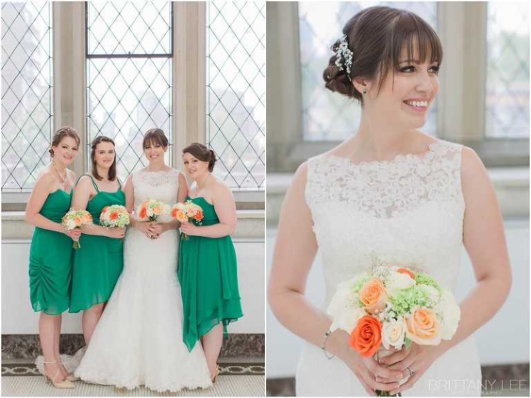 Wedding party photos, green bridesmaid dresses