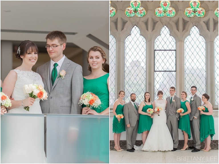 Wedding party photos, green bridesmaid dresses