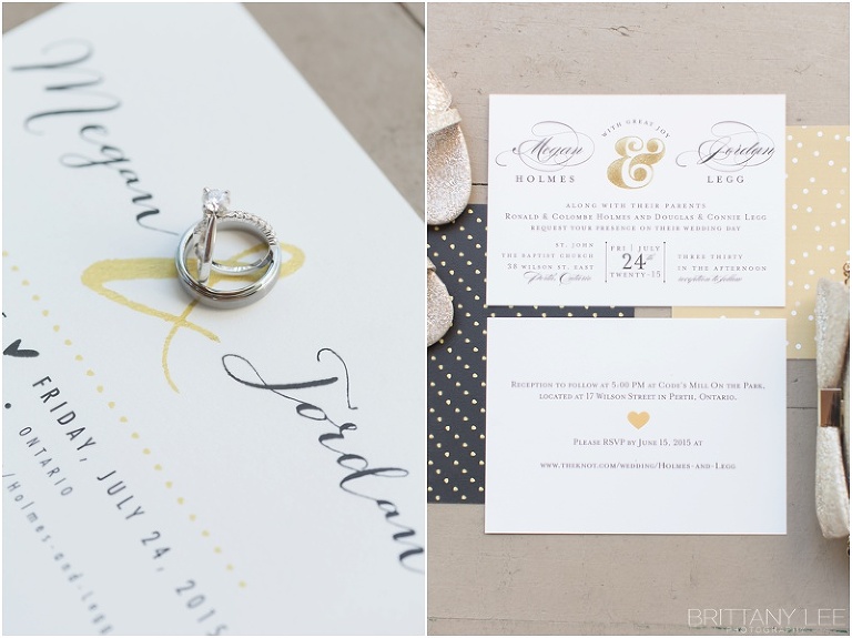 gold, black, and polka dot wedding stationary