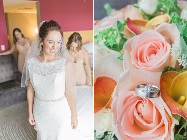 Bride getting dressed for wedding at the Brookstreet Hotel in Ottawa