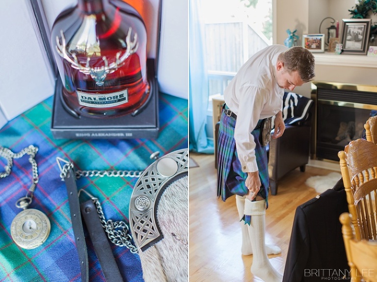 Groom and groomsmen getting ready for wedding in Kilts