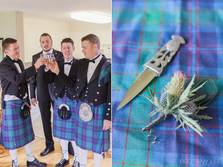 Groom and groomsmen getting ready for wedding in Kilts