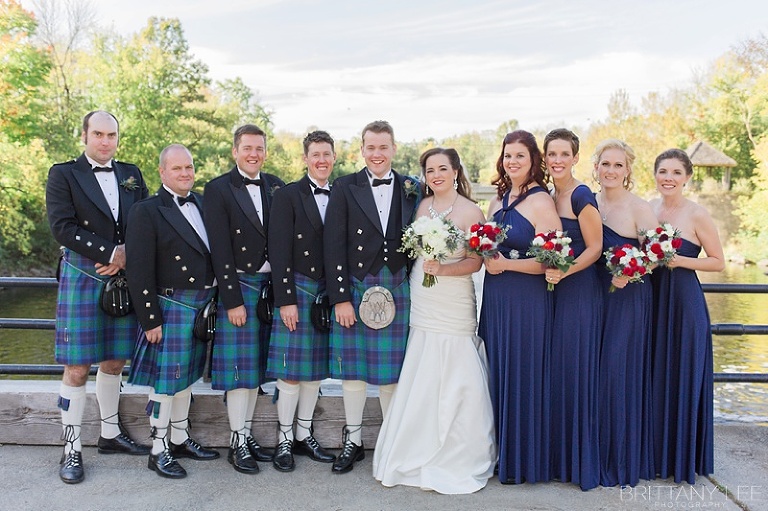 Wedding party portraits - bridesmaids in purple and groomsmen in Scottish kilts
