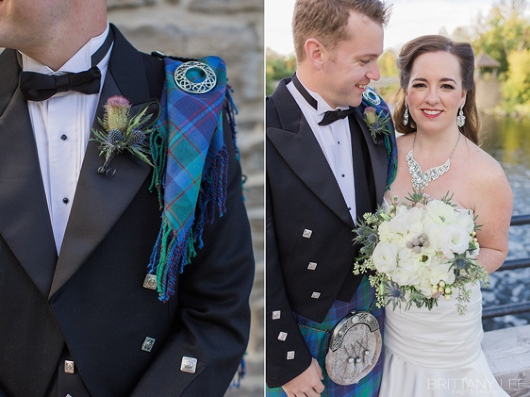 Bride in white dress and groom in Scottish kilt