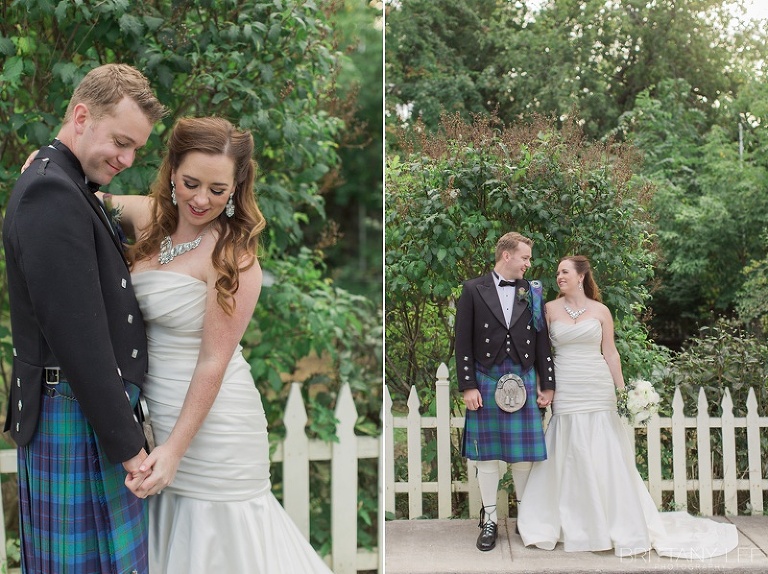 Bride in white dress and groom in Scottish kilt