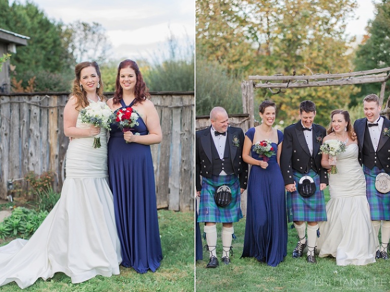 Wedding party portraits - bridesmaids in purple and groomsmen in Scottish kilts
