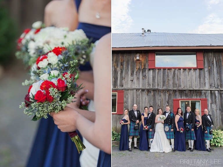 Wedding party portraits - bridesmaids in purple and groomsmen in Scottish kilts