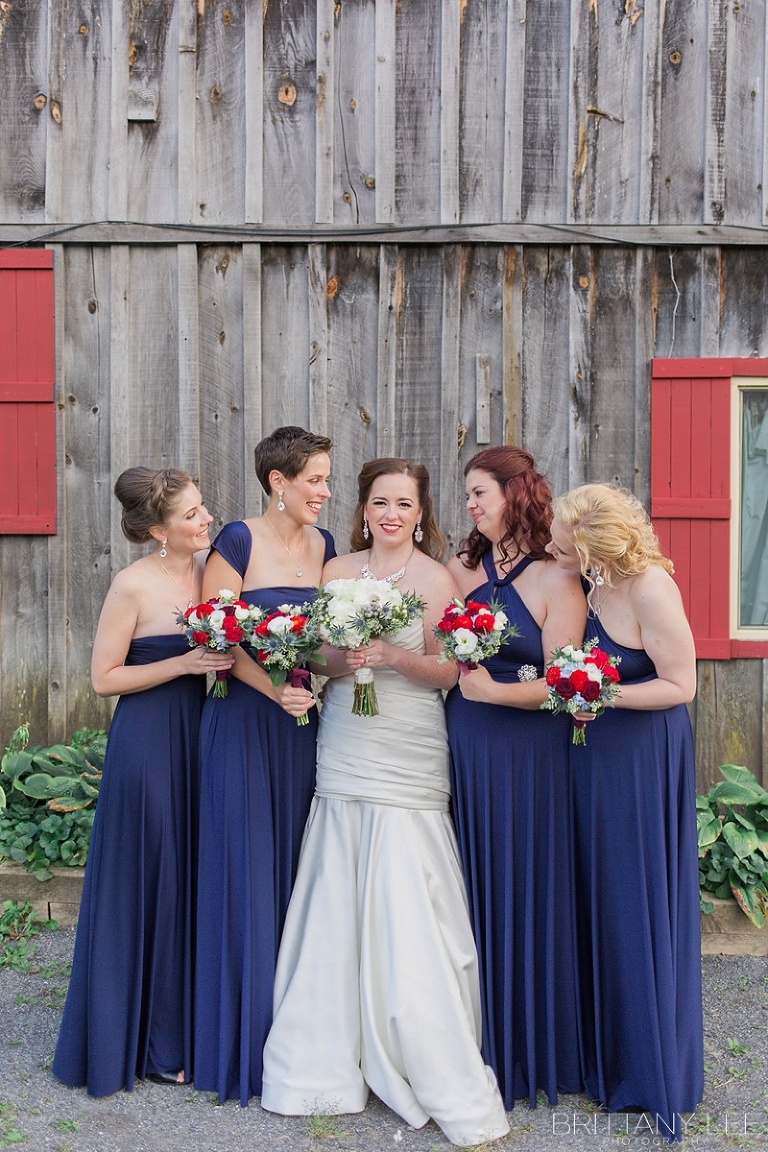 Wedding party portraits - bridesmaids in purple and groomsmen in Scottish kilts