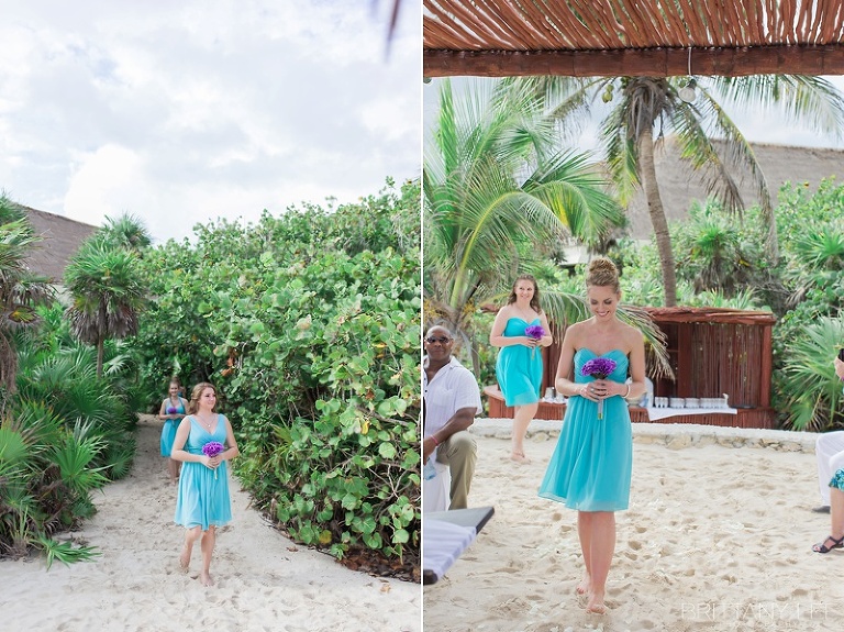 Bridesmaids walking down aisle during Mexico destination wedding