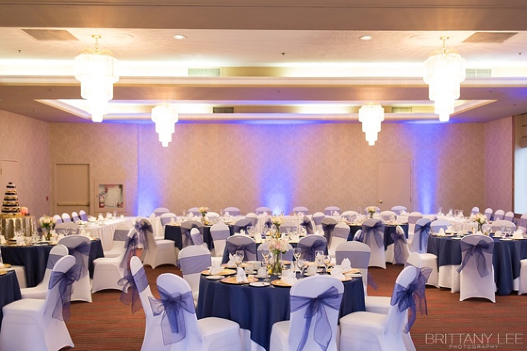 Ottawa Lord Elgin Hotel Wedding - Navy, gold and white decor. Ballroom with navy uplighting