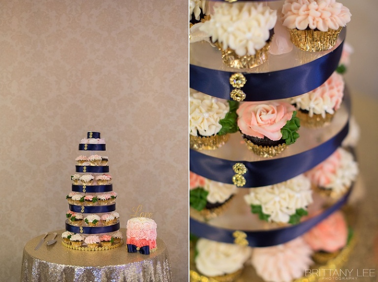 navy, blush, and white Ottawa wedding cake and cupcakes