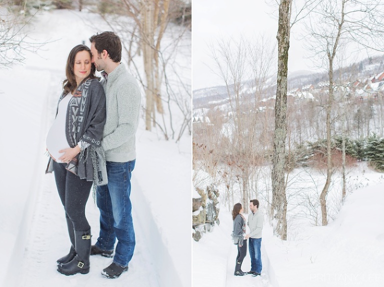 Mont Tremblant Winter Maternity Photos - Couple standing in front of the mountains