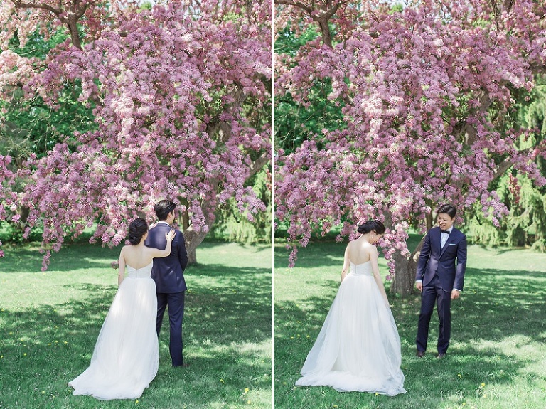 Bride and Groom first look in Ottawa Ornamental Gardens