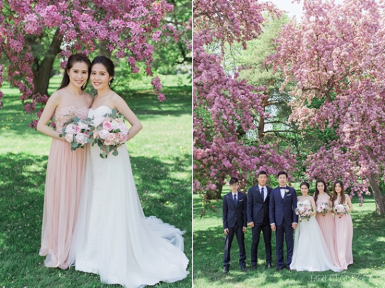 Bridal party under apple blossom trees