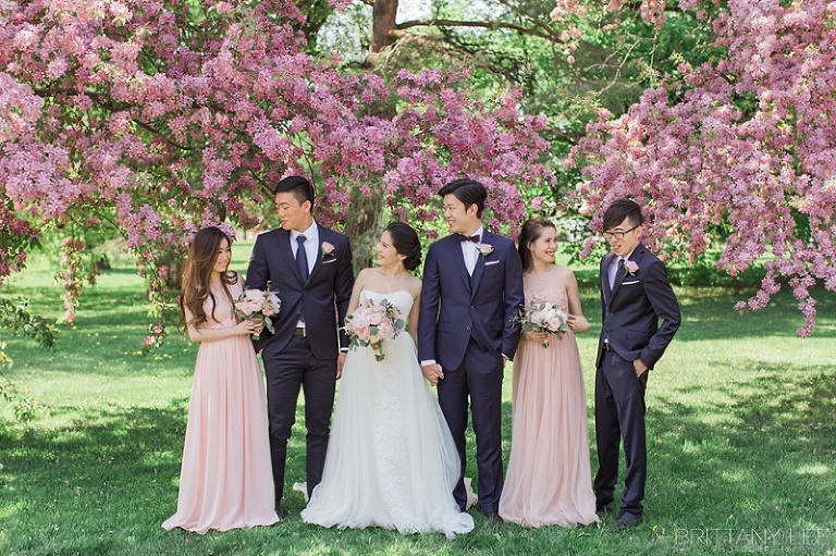 Ottawa wedding party under apple blossom trees