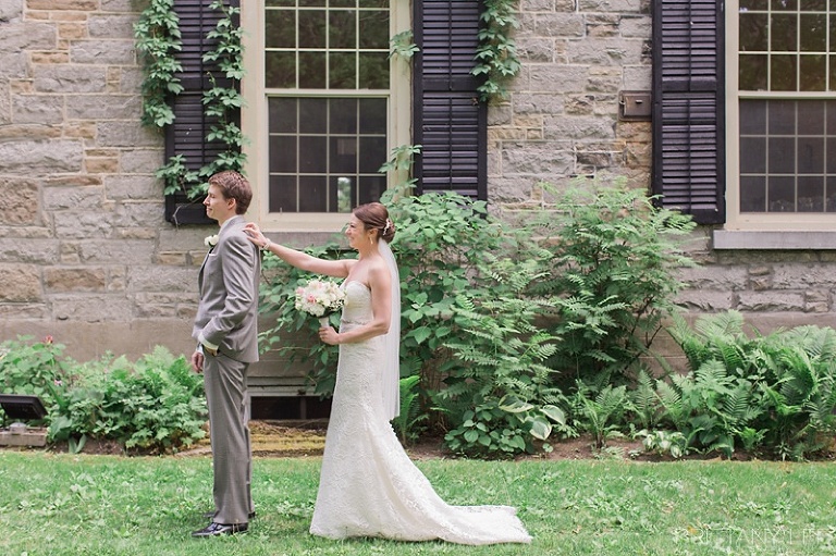 Bride and Groom doing First Look before their ceremony at Strathmere Garden house - wedding photographer
