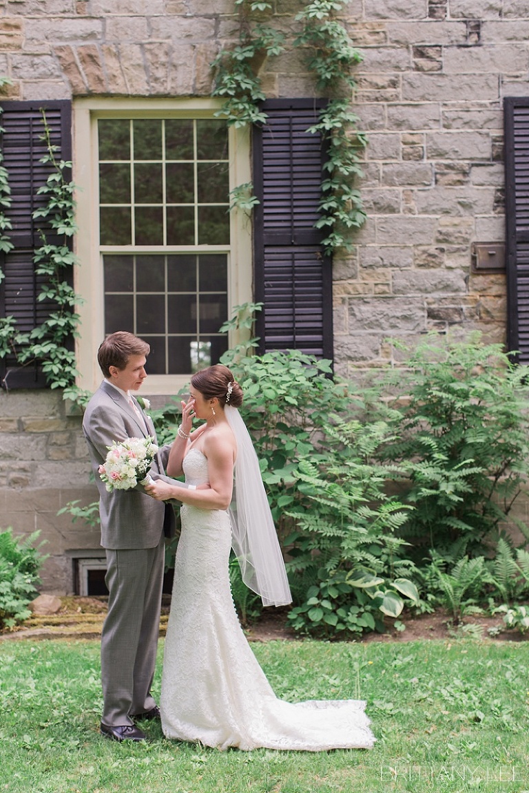 Bride and Groom doing First Look before their ceremony at Strathmere Garden house - wedding photographer
