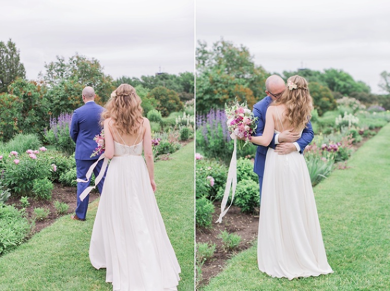 Bride and Groom first look at Ornamental Gardens in Ottawa