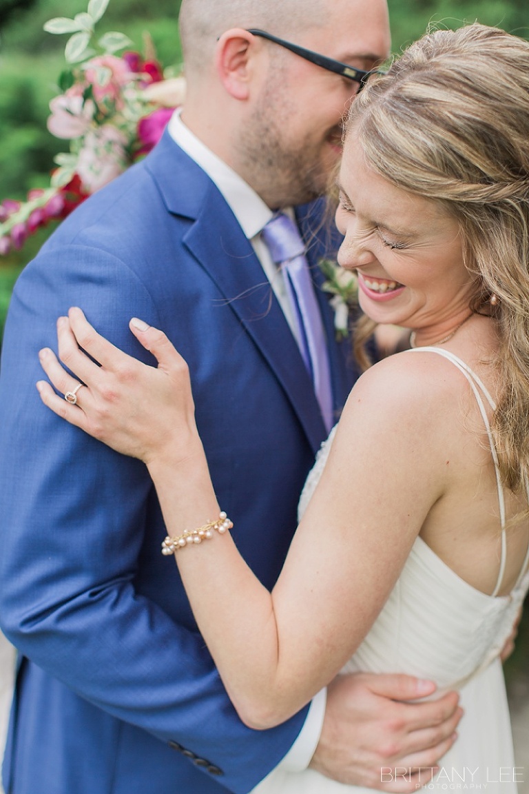 Bride and Groom first look at Ornamental Gardens in Ottawa - Bride in Custom Truvelle Gown