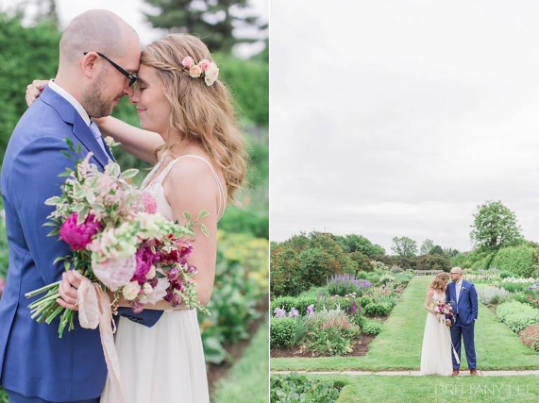 Bride and Groom first look at Ornamental Gardens in Ottawa - Bride in Custom Truvelle Gown