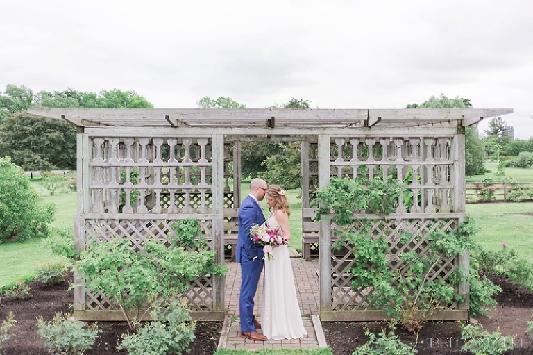 Bride and Groom first look at Ornamental Gardens in Ottawa - Bride in Custom Truvelle Gown