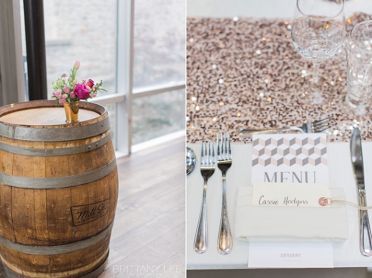 photos of blush and romantic wedding day reception at Mill Street Brew Pub Ottawa