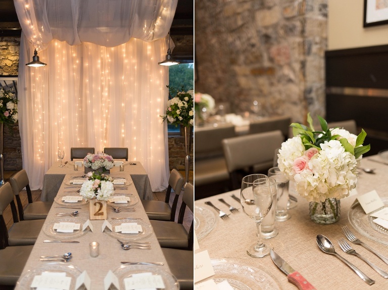 Mill Street Brew Pub Ottawa Wedding - Reception decor with white draping and floral arrangements