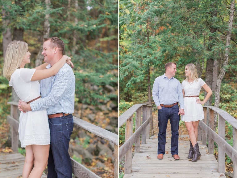 Wakefield fall engagement photos  - couple standing on little wooden bridge