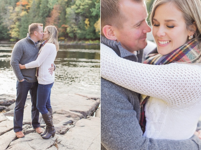 Wakefield fall engagement photos  - couple standing on rocks  along the river