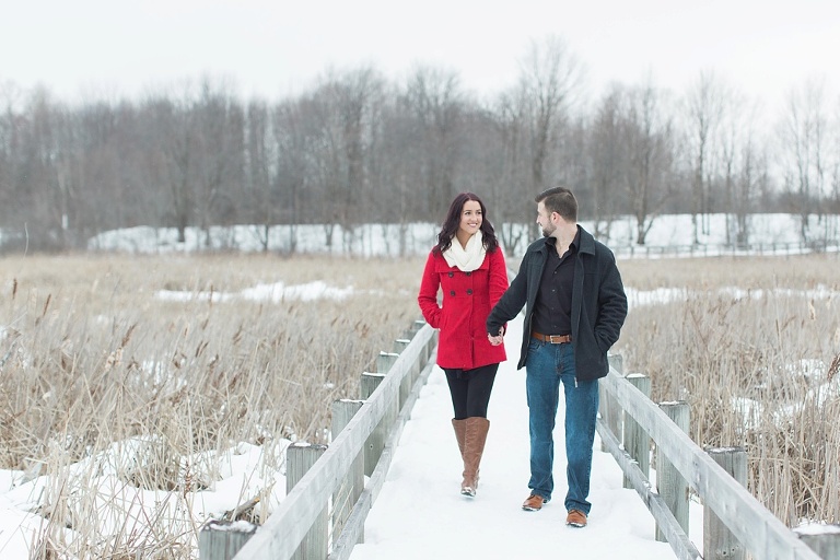 Mer Bleue Bog Winter Engagement - Bride in red coat and white scarf