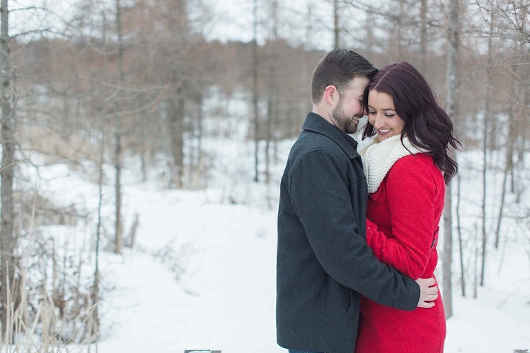 Mer Bleue Bog Winter Engagement - Bride in red coat and white scarf