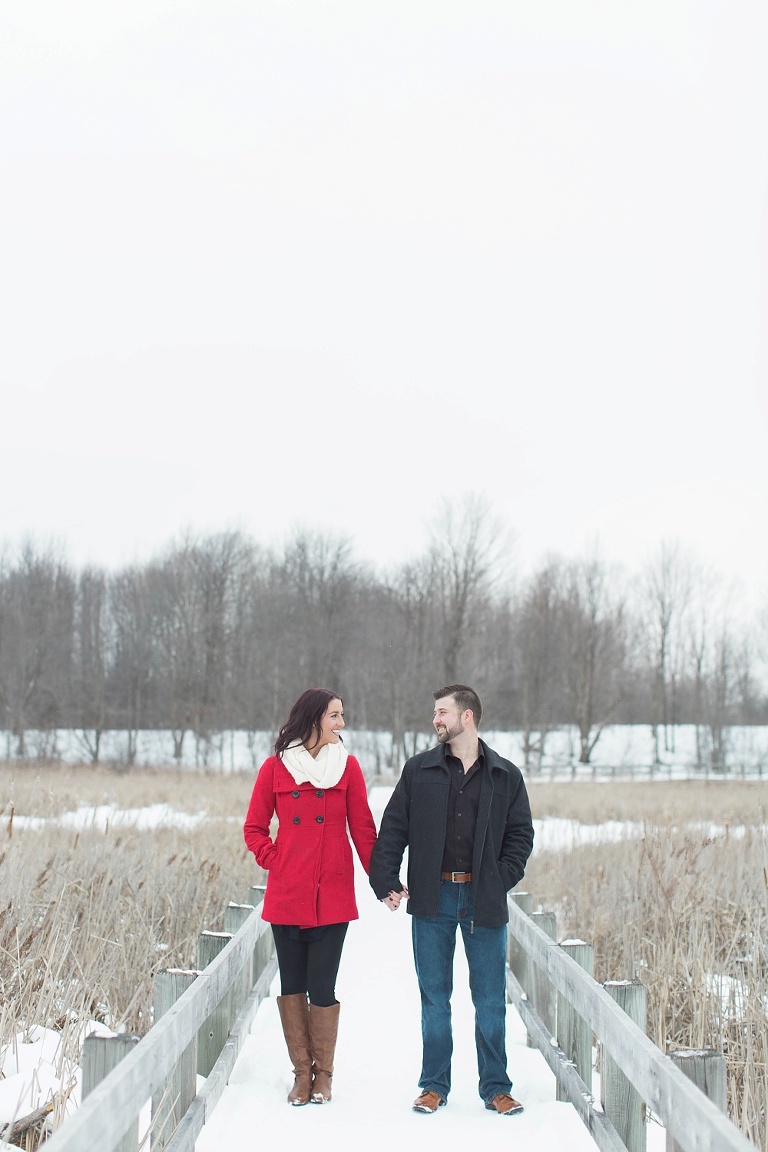 Mer Bleue Bog Winter Engagement - Bride in red coat and white scarf