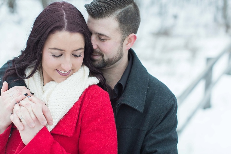 Mer Bleue Bog Winter Engagement - Bride in red coat and white scarf
