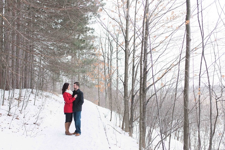 Mer Bleue Bog Winter Engagement - Bride in red coat and white scarf