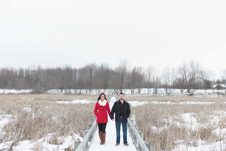 Mer Bleue Bog Winter Engagement - Bride in red coat and white scarf