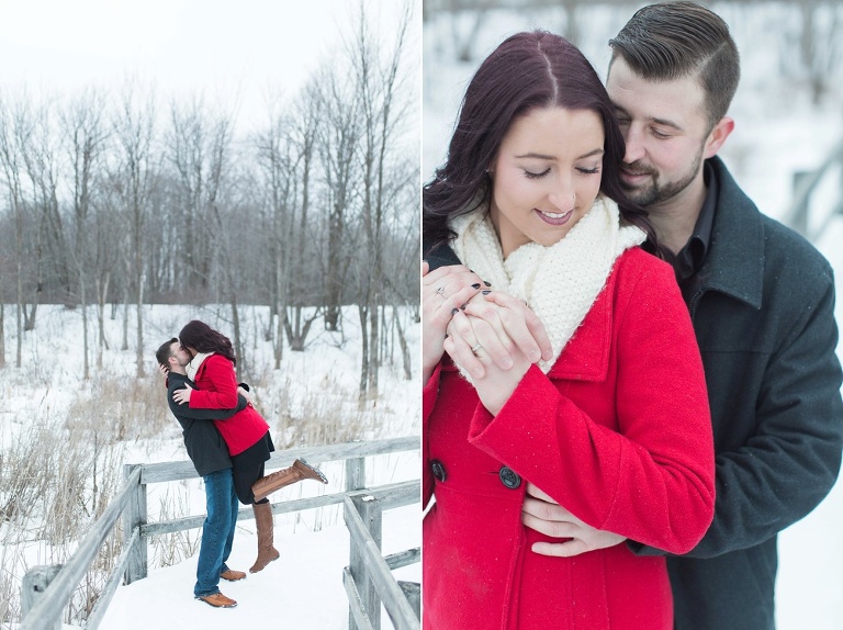 Mer Bleue Bog Winter Engagement - Bride in red coat and white scarf