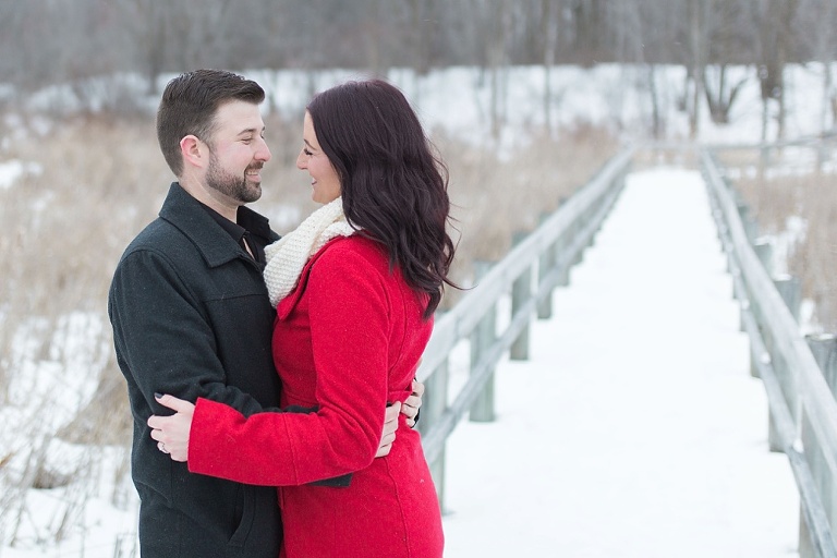 Mer Bleue Bog Winter Engagement - Bride in red coat and white scarf