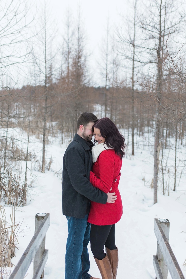 Mer Bleue Bog Winter Engagement - Bride in red coat and white scarf