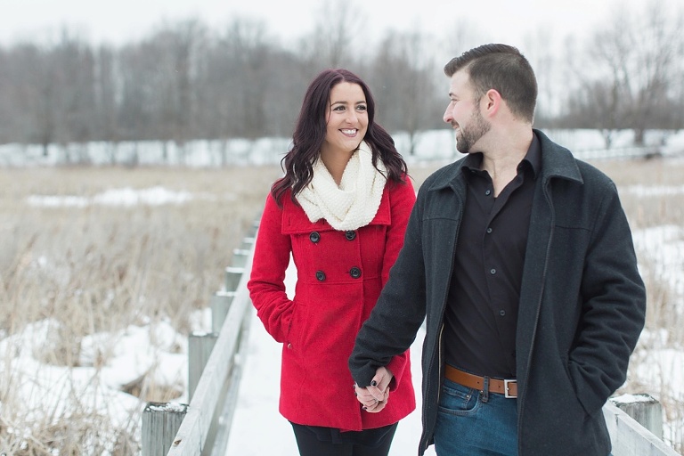 Mer Bleue Bog Winter Engagement - Bride in red coat and white scarf
