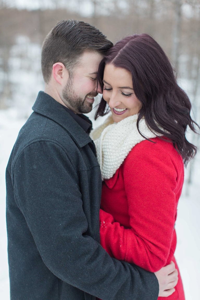 Mer Bleue Bog Winter Engagement - Bride in red coat and white scarf