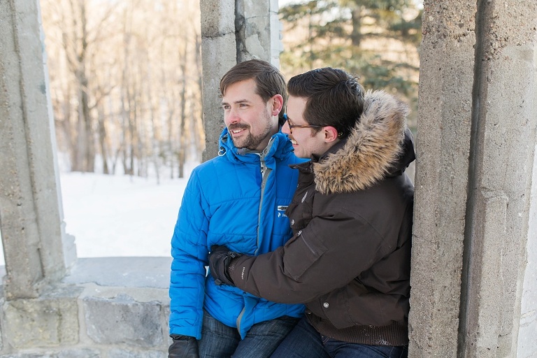 Gatineau Park winter engagement session with a same sex couple