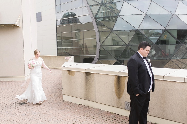 Ottawa Westin Spring Wedding - Bride and Groom First Look on balcony
