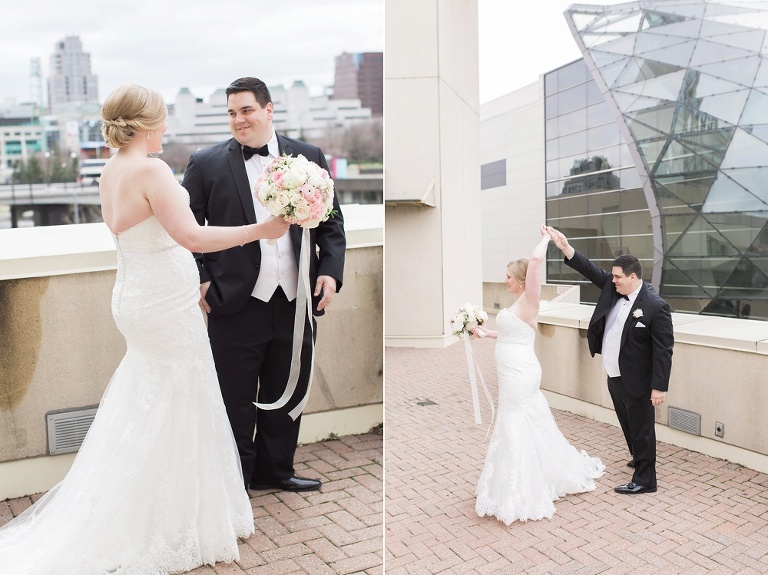 Ottawa Westin Spring Wedding - Bride and Groom First Look on balcony