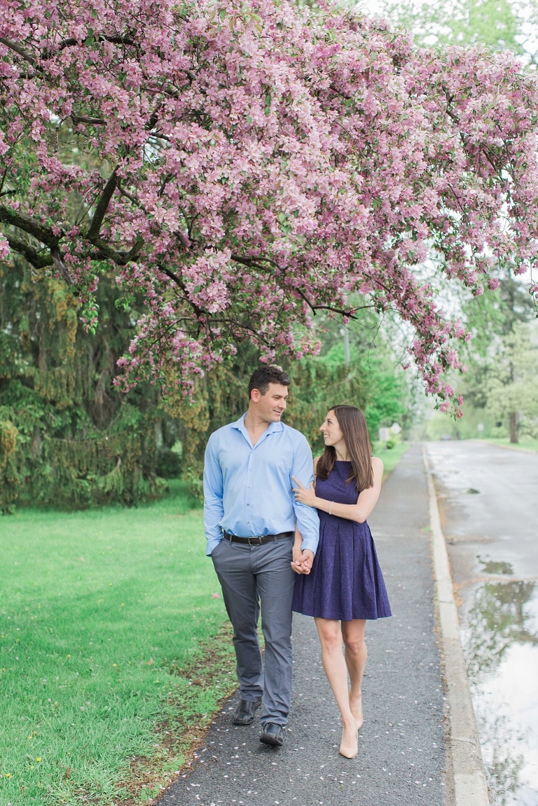 Ottawa Ornamental Gardens engagement photos with pink apple blossom trees in bloom