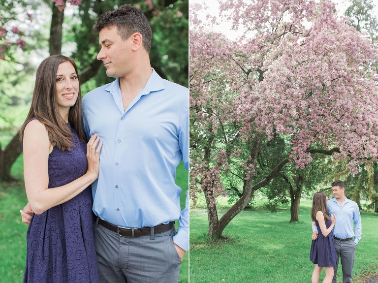 Ottawa Ornamental Gardens engagement photos with pink apple blossom trees in bloom