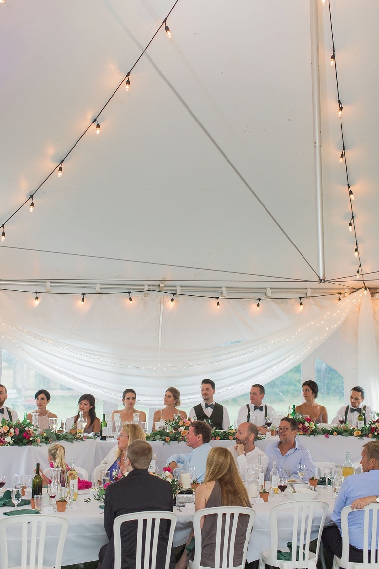 Almonte Herb Garden Summer Wedding - White tent reception with string lights