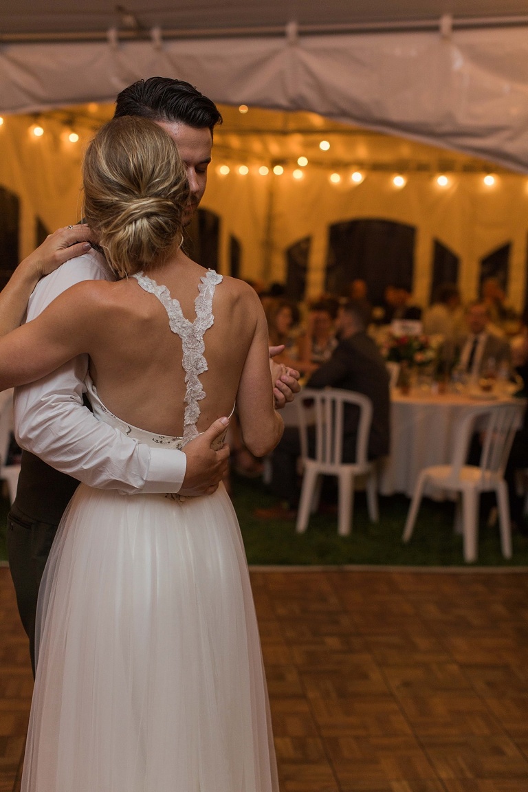 Almonte Herb Garden Summer Wedding - White tent reception with string lights and dance floor