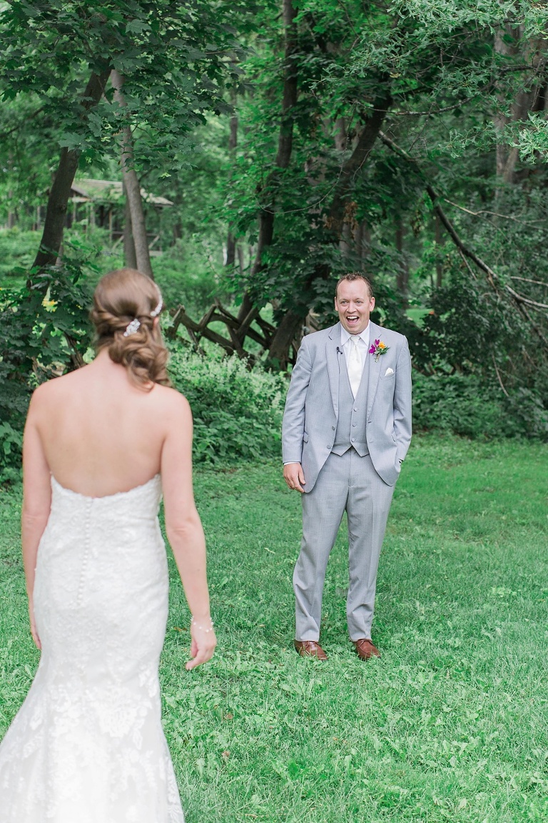 Colourful Codes Mill Wedding - Bride and Groom first look photos in Stewart Park